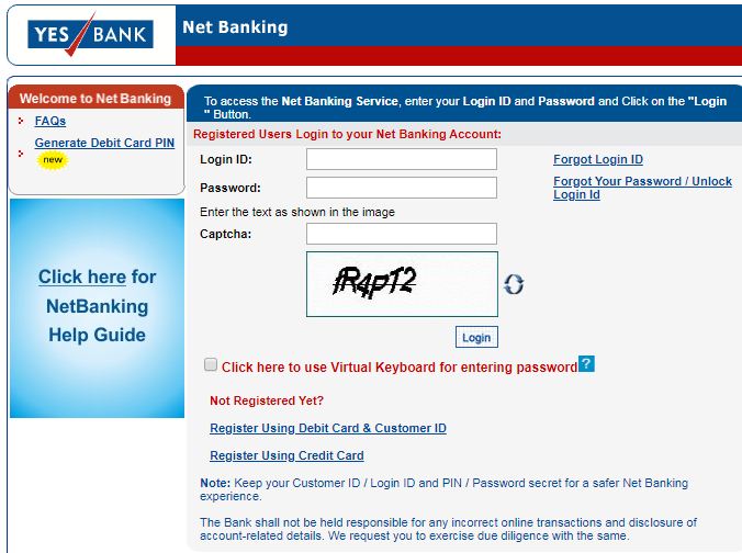 yes bank net register